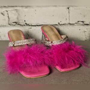 Hot Pink Feather Square Toe Chunky Heel Slides | Festival Glam